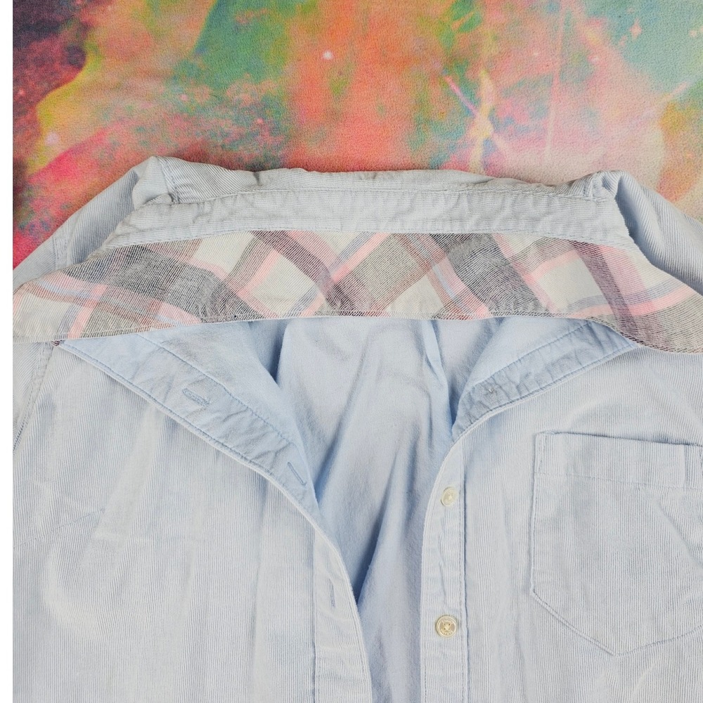Tommy‎ Bahama Light Blue Corduroy Button Up Long Sleeve Shirt Pink Plaid Collar - Picture 3 of 8